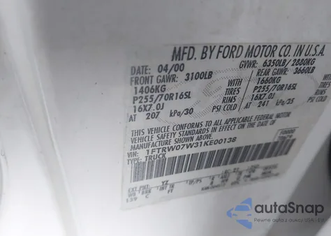 2001 Ford F-150 Harley-Davidson Edition/King Ranch Edition/Lariat/Xlt из США, поврежденный, VIN 1FTRW07W31KE00138